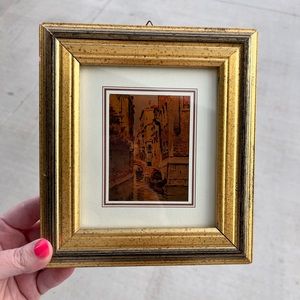 Vintage Made in Italy marquetry handmade floral wooden inlay wall art gold frame